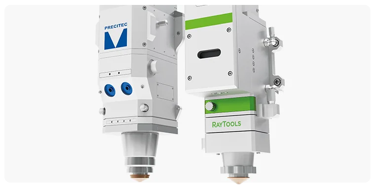 Głowice tnące Precitec i RayTools przedstawione w zbliżeniu jako kluczowe komponenty wycinarek laserowych.